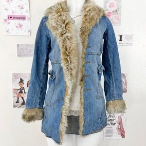 Vintage One Tough Bare Denim Faux Fur Trim Long Coat